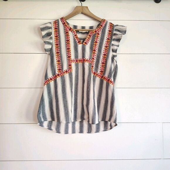 Entro Tops - Boutique Entro Embroidered Top Cap Sleeve Flutter Striped Boho Top Size Small